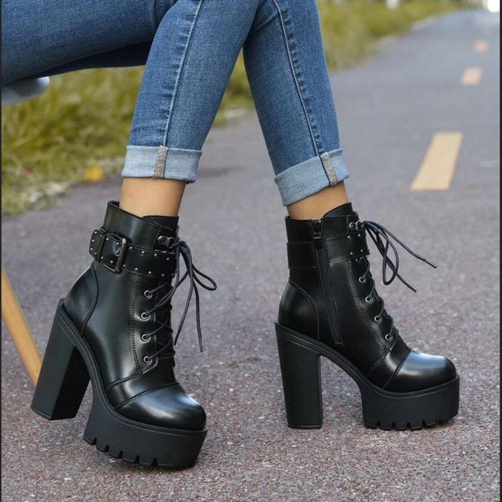 Black Goth Buckle Heel Boots